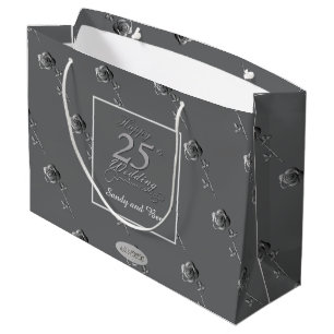 Bolsa De Regalo Grande "Feliz 25 aniversario de Boda" Rosas 3D en gris