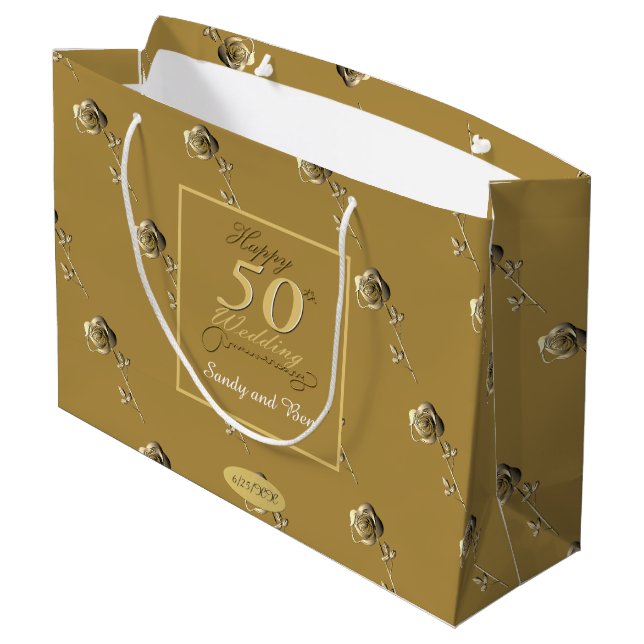 Bolsa De Regalo Grande "Feliz 50° aniversario de Boda": Rosas 3D en ocre (Angulo reverso)