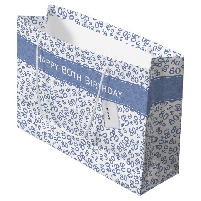 Bolsa De Regalo Grande Feliz 80 cumpleaños Patrón de números azul y blanc (Angulo Anverso)