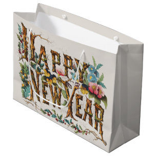 Bolsa De Regalo Grande Feliz Año Nuevo en troncos de árboles, bellotas y 
