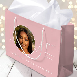 Bolsa De Regalo Grande Feliz Cumpleaños 21 Foto Amor Rosa Suave
