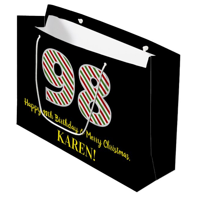 Bolsa De Regalo Grande Feliz cumpleaños 98 y Feliz Navidad, nombre person (Angulo Anverso)