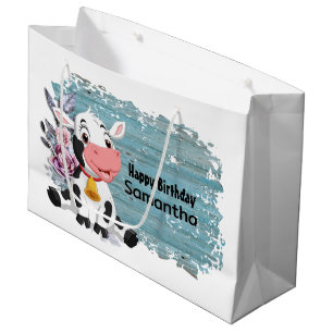 Bolsa De Regalo Grande Feliz cumpleaños bebé vaca azul rústico