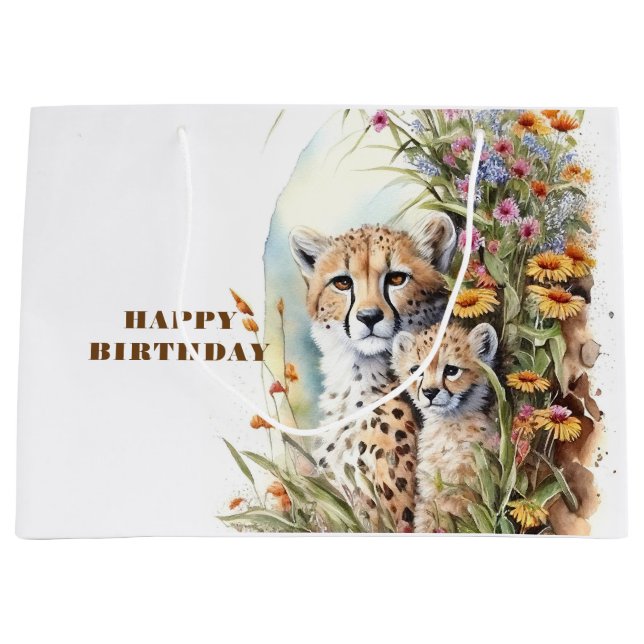 Bolsa De Regalo Grande Feliz cumpleaños, Cheetah Baby y Mamá (Anverso)