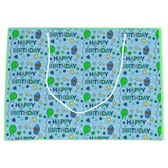 Bolsa De Regalo Grande Feliz cumpleaños de un niño verde azul y limón (Anverso)