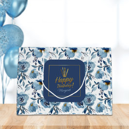 Bolsa De Regalo Grande Feliz cumpleaños Dusty Blue Floral Blue