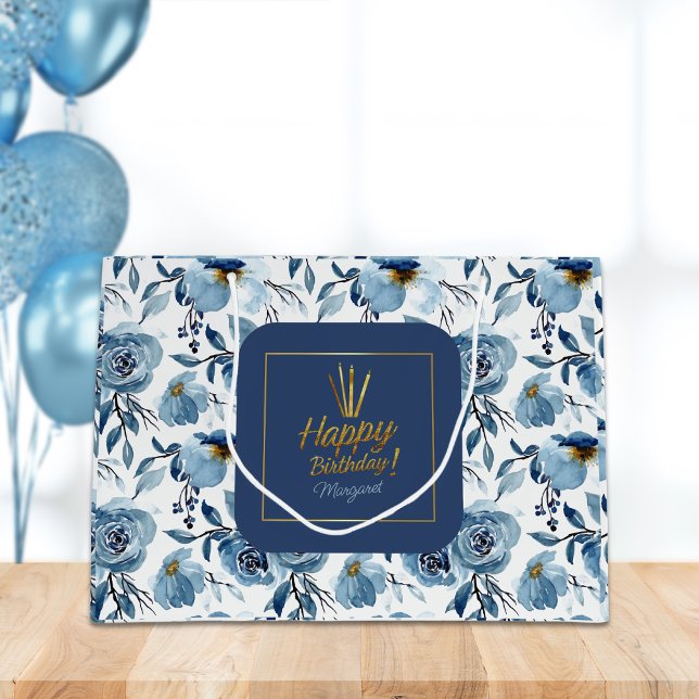 Bolsa De Regalo Grande Feliz cumpleaños Dusty Blue Floral Blue (Subido por el creador)