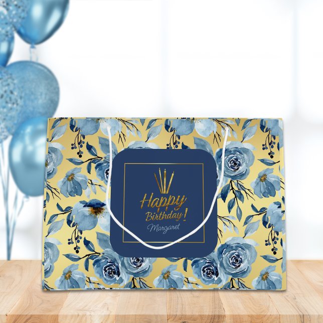 Bolsa De Regalo Grande Feliz cumpleaños Dusty Blue Gold nombre floral (Subido por el creador)