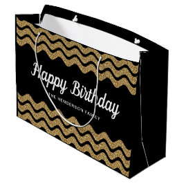 Bolsa De Regalo Grande Feliz cumpleaños Faux Gold Purpurina Black Stripes