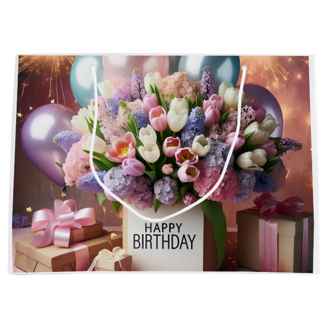 Bolsa De Regalo Grande Feliz cumpleaños, flores y regalos, de Natasha Us (Anverso)