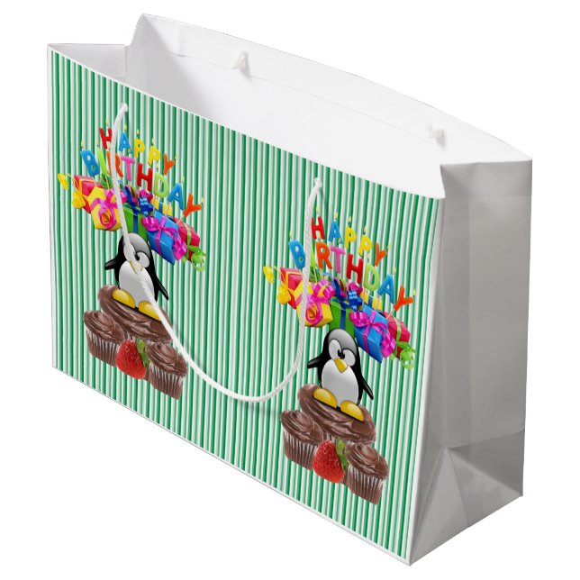 Bolsa De Regalo Grande Feliz cumpleaños Gift Bag Stripe Penguin (Angulo reverso)