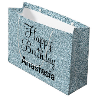 Bolsa De Regalo Grande Feliz Cumpleaños Glam Azul Plata Brillante Destell