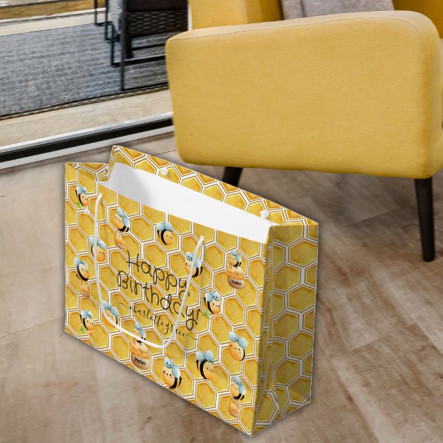 Bolsa De Regalo Grande Feliz cumpleaños Honeycomb y abejas con nombre (Subido por el creador)