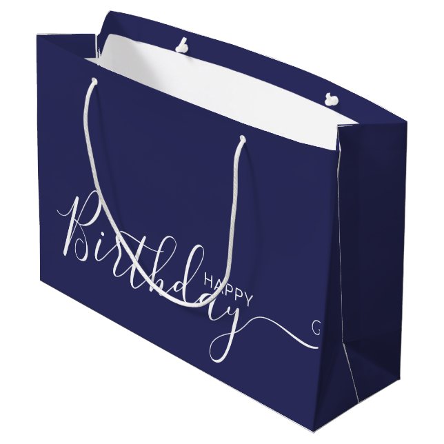 Bolsa De Regalo Grande Feliz cumpleaños Navy Blue White Elegant  (Angulo reverso)