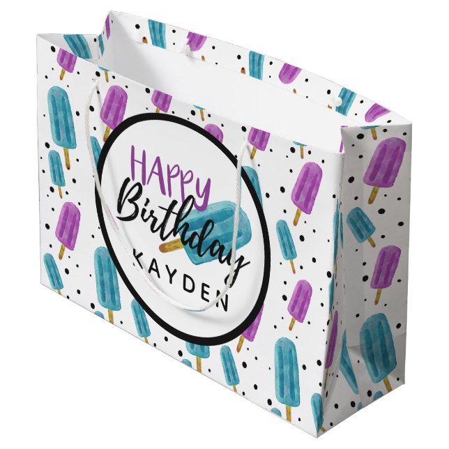 Bolsa De Regalo Grande Feliz Cumpleaños Nombre del Niño Fiesta de Paletas (Angulo reverso)