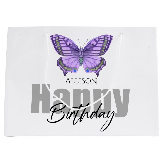 Bolsa De Regalo Grande Feliz cumpleaños nombre personalizado de mariposa  (Anverso)