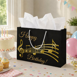 Bolsa De Regalo Grande Feliz cumpleaños notas musicales de oro negro