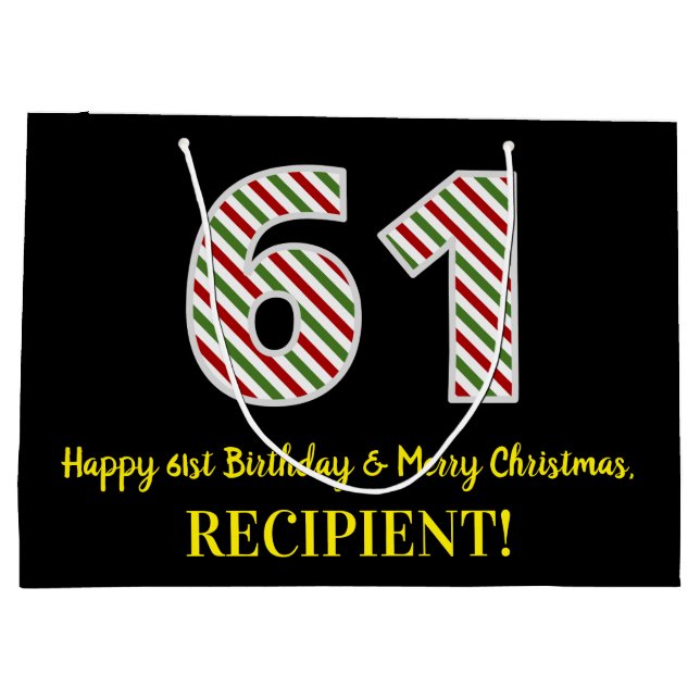 Bolsa De Regalo Grande Feliz cumpleaños número 61 y Feliz Navidad, nombre (Reverso)