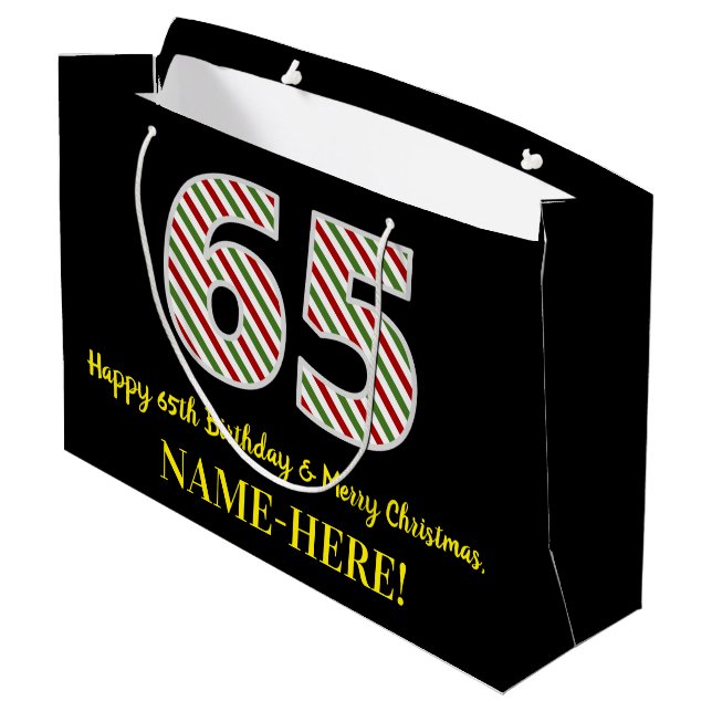 Bolsa De Regalo Grande Feliz cumpleaños número 65 y Feliz Navidad, nombre (Angulo reverso)
