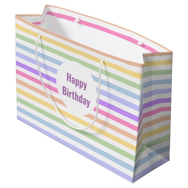 Bolsa De Regalo Grande Feliz cumpleaños Pastel con rayas blancas arcoiris (Angulo reverso)