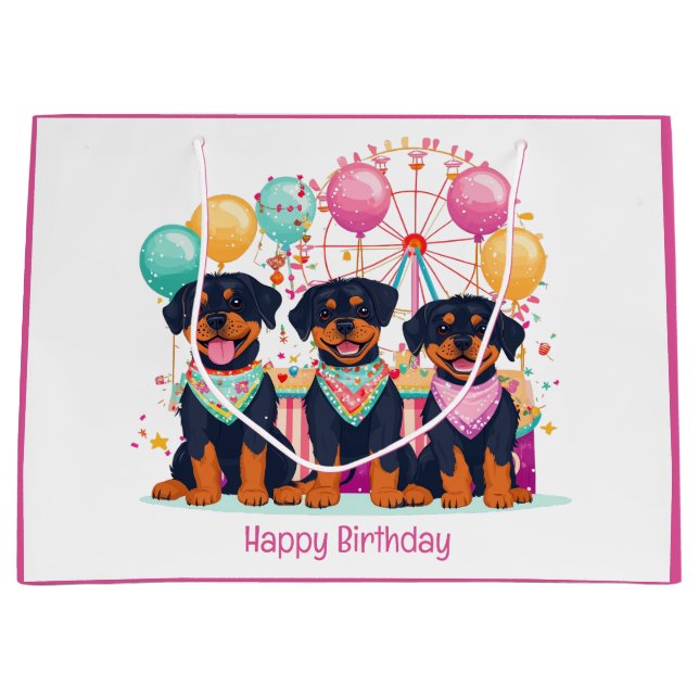 Bolsa De Regalo Grande Feliz cumpleaños, Perros Rottweiler En Un Carnaval (Anverso)