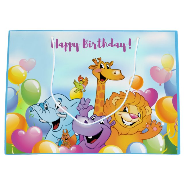 Bolsa De Regalo Grande Feliz cumpleaños Personalizado, animales y globos  (Anverso)