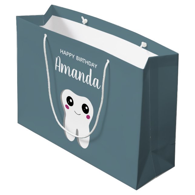 Bolsa De Regalo Grande Feliz cumpleaños sonriente de dientes dentales (Angulo reverso)
