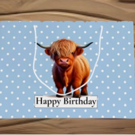BOLSA DE REGALO GRANDE FELIZ CUMPLEAÑOS VACA DE PELO LARGO AZUL