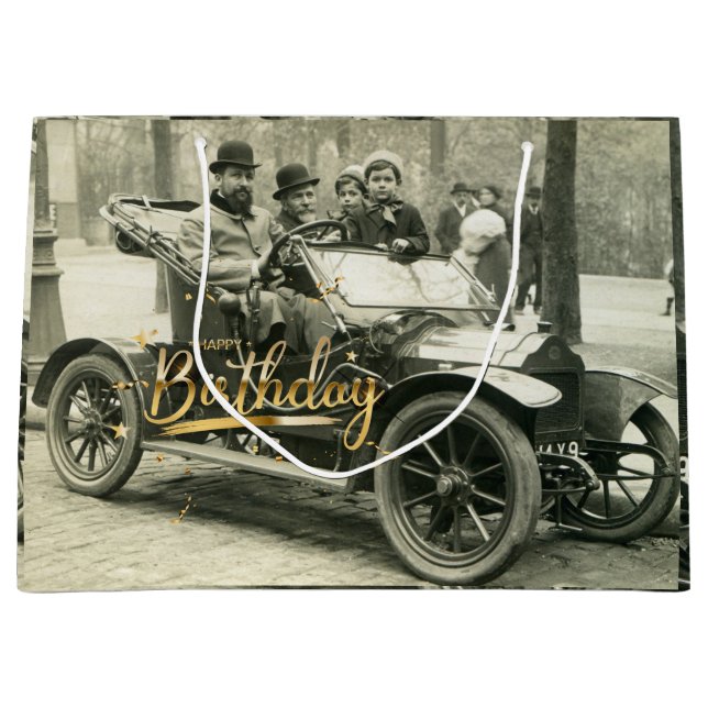 Bolsa De Regalo Grande Feliz cumpleaños, viejo auto y gente (Anverso)