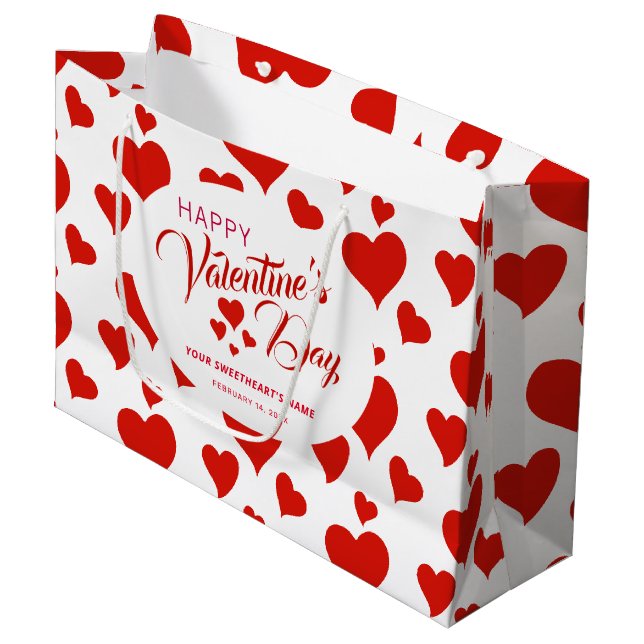 BOLSA DE REGALO GRANDE FELIZ DÍA DE VALENTINA PERSONALIZADO DE CORAZONES  (Angulo Anverso)
