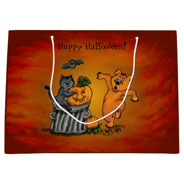 Bolsa De Regalo Grande ¡Feliz Halloween! Perro de gato y araña (Anverso)