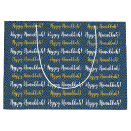 Bolsa De Regalo Grande Feliz Hanukkah azul, oro y blanco