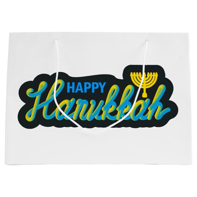 Bolsa De Regalo Grande Feliz Janucá (A white paper gift bag with a Hanukkah graphic is shown. )