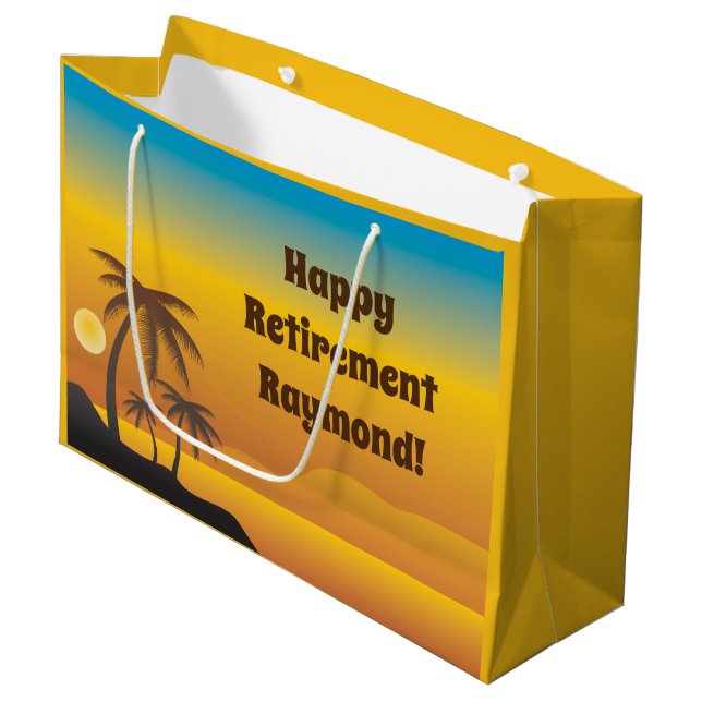 Bolsa De Regalo Grande Feliz Jubilación con palmeras en la playa (Angulo Anverso)