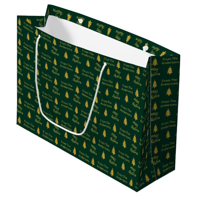 Bolsa De Regalo Grande Feliz Navidad Árboles Dark Verde y Oro Textos (Angulo Anverso)