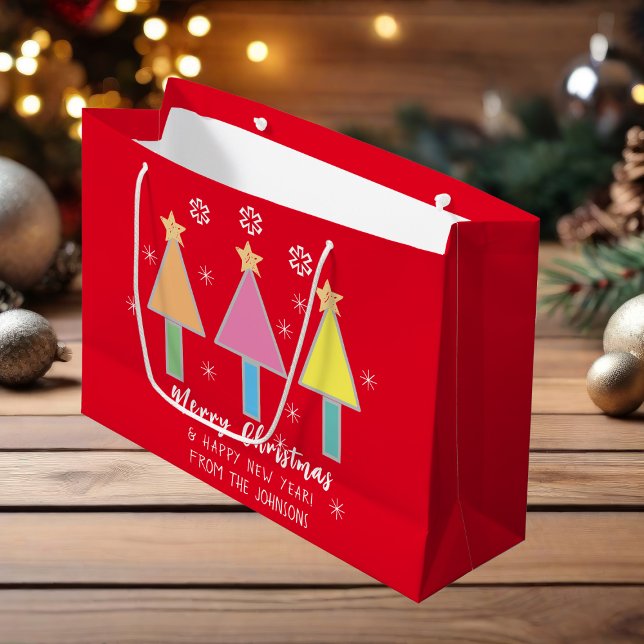Bolsa De Regalo Grande Feliz Navidad Art Family Nombre Moderno Guay Cute (Customized 'Merry Christmas' & 'Happy New Year' large red gift bag.)