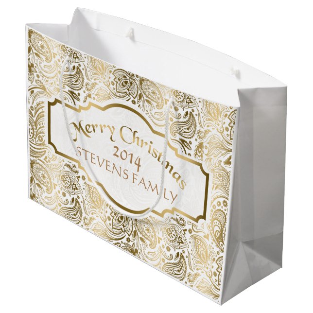 Bolsa De Regalo Grande Feliz Navidad-Blanco y Dorado Floral Paisley Lace  (Angulo reverso)