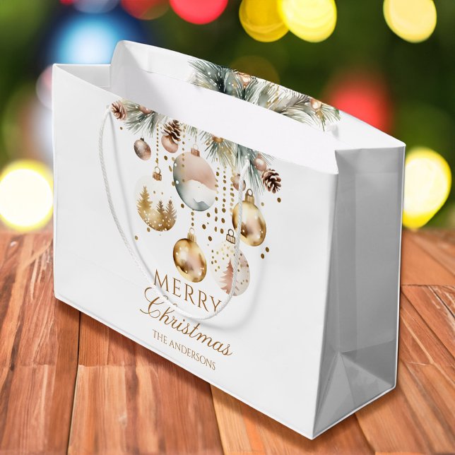 Bolsa De Regalo Grande Feliz Navidad boho baubles metálicos acuarela (Merry Christmas boho watercolor  metallic silver gold baubles snowy pines  Large Gift Bag)