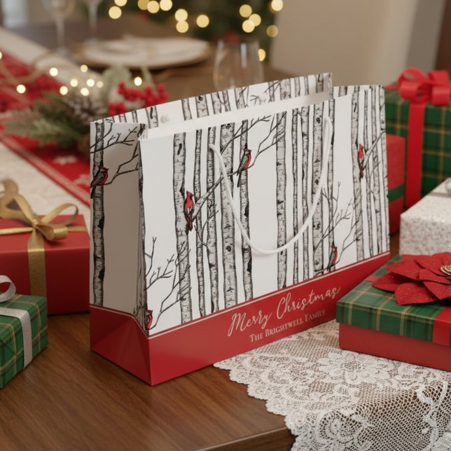 Bolsa De Regalo Grande Feliz Navidad Cardenal Rojo Bird & Birch Tree (Modern Nature Wildlife Pattern. Hand Drawn Cardinal Birds in Winter Birch Tree Forest. Red & White)