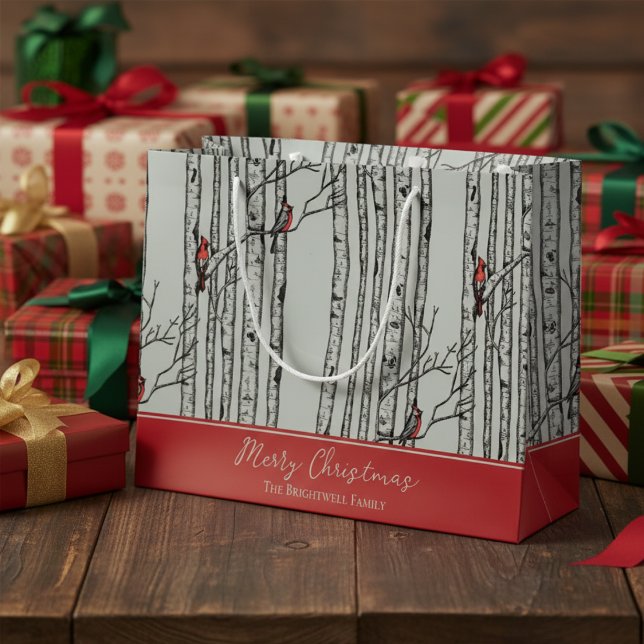 Bolsa De Regalo Grande Feliz Navidad Cardenal Rojo Bird & Birch Tree (Modern Nature Wildlife Pattern. Hand Drawn Cardinal Birds in Winter Birch Tree Forest. Red & Green)