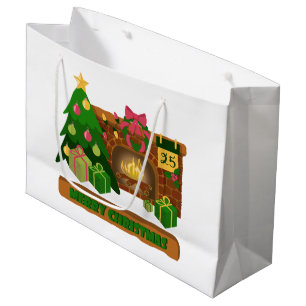 Bolsa De Regalo Grande Feliz Navidad cerca de la chimenea de fuego árbol