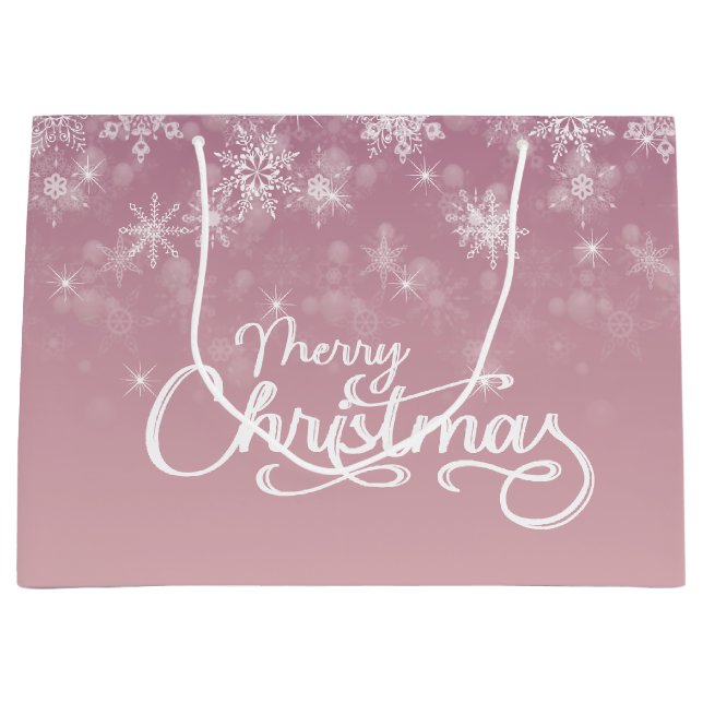 Bolsa De Regalo Grande Feliz Navidad Copos de nieve Fiesta rosa (Anverso)