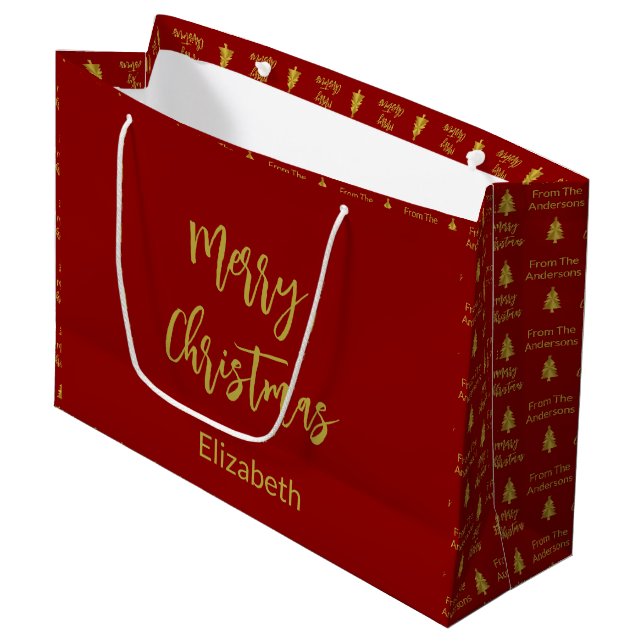 Bolsa De Regalo Grande Feliz Navidad Deep Red and Gold Names Trees (Angulo Anverso)
