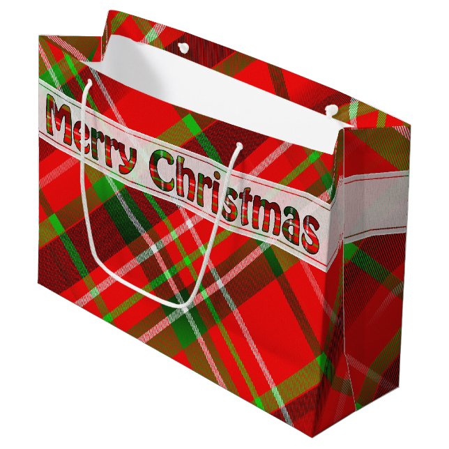 Bolsa De Regalo Grande Feliz Navidad Festividad Tartán Patrón Verde Rojo (Angulo Anverso)