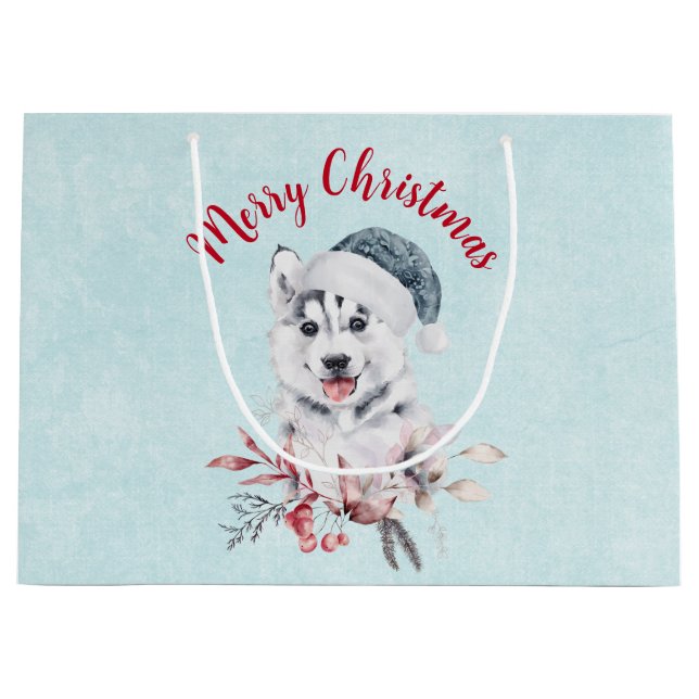 Bolsa De Regalo Grande Feliz Navidad Husky Dog en Santa Hat (Anverso)