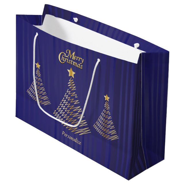 Bolsa De Regalo Grande Feliz Navidad Oscuros Árboles azules y dorados (Angulo Anverso)
