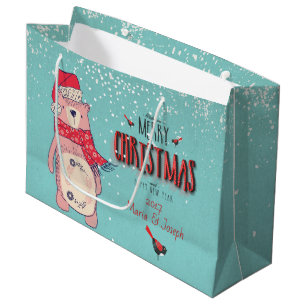 Bolsa De Regalo Grande Feliz Navidad- oso de Navidad y texto editable sob