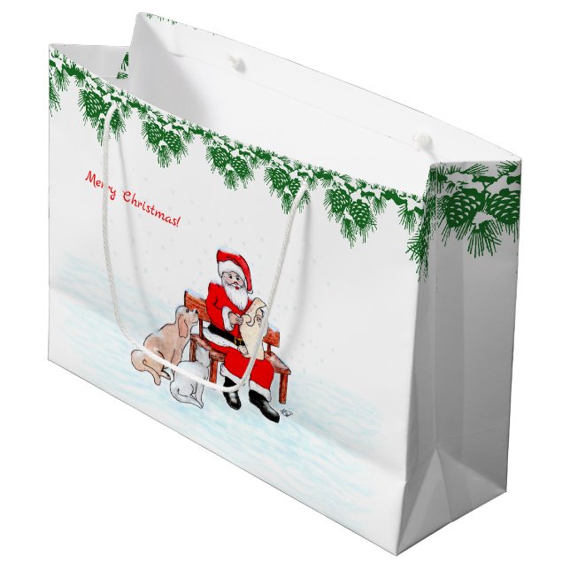 Bolsa De Regalo Grande Feliz Navidad! Papá Noel con gato y perro (Angulo Anverso)