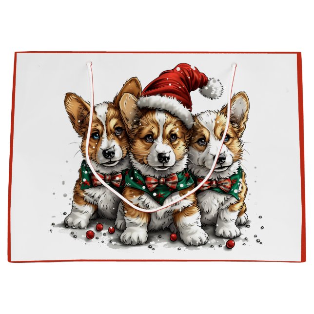 Bolsa De Regalo Grande Feliz Navidad Pembroke Corgi galés cachorros (Anverso)