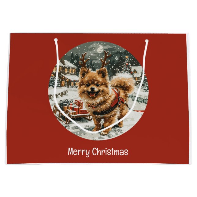 Bolsa De Regalo Grande Feliz Navidad Perro reno pomerano (Anverso)